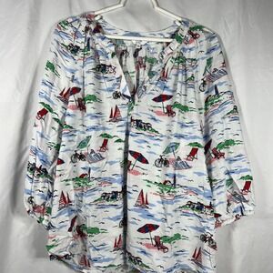 Crown & Ivy Womens Peasant Top Blouse 3/4 Puff Sleeves Coastal Beach‎ Sailing L